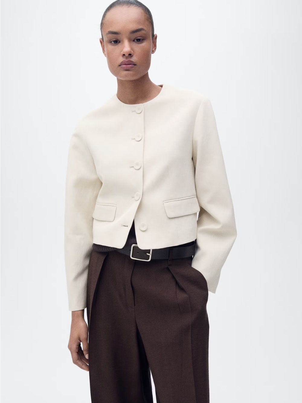 Mango Linen Cream Button-Front Jacket